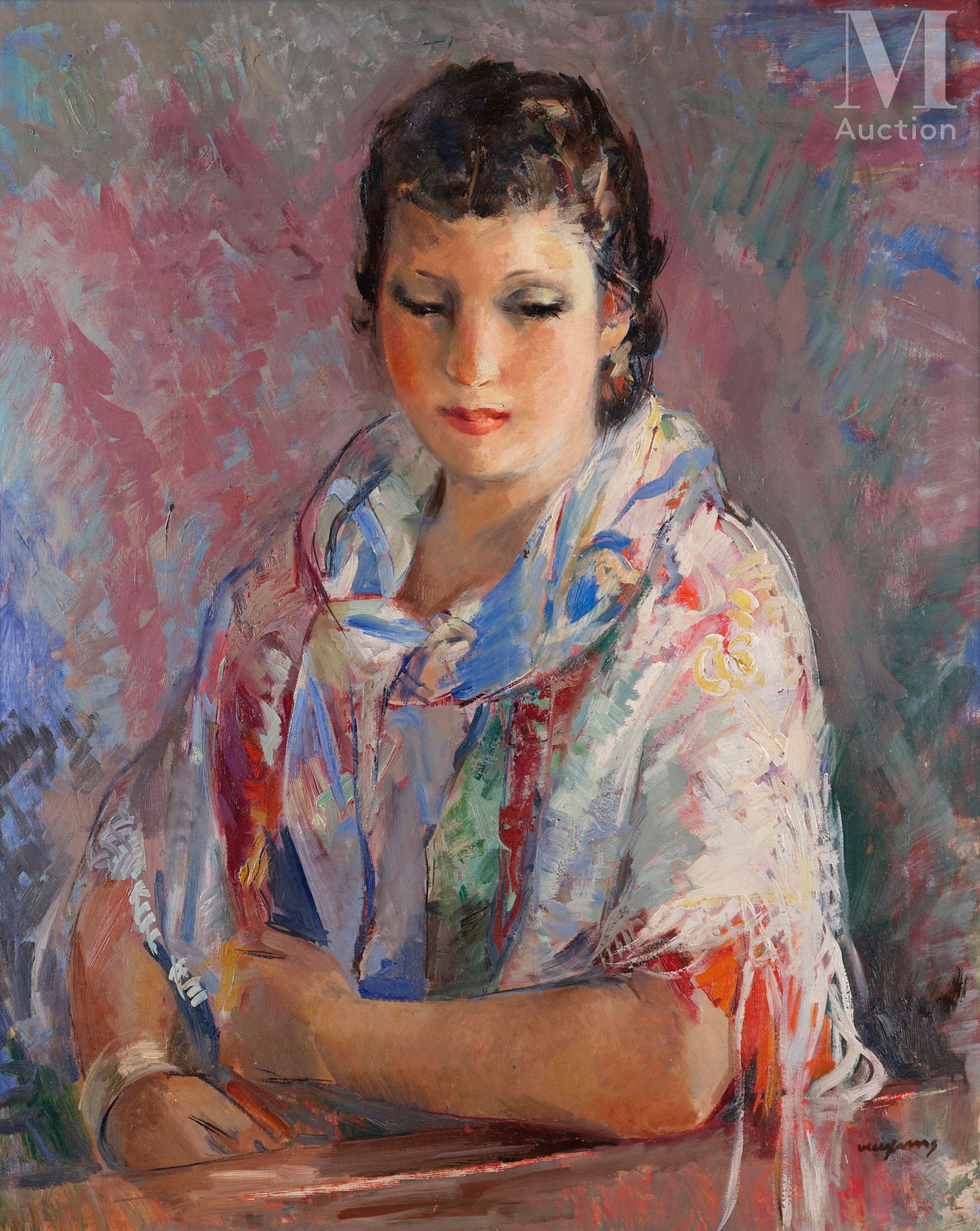 Pedro CREIXAMS (Barcelone 1901-1984) 戴披肩的女人

原画布上的油画、 
74 x 60 cm 
下方有签名：Creixma&hellip;