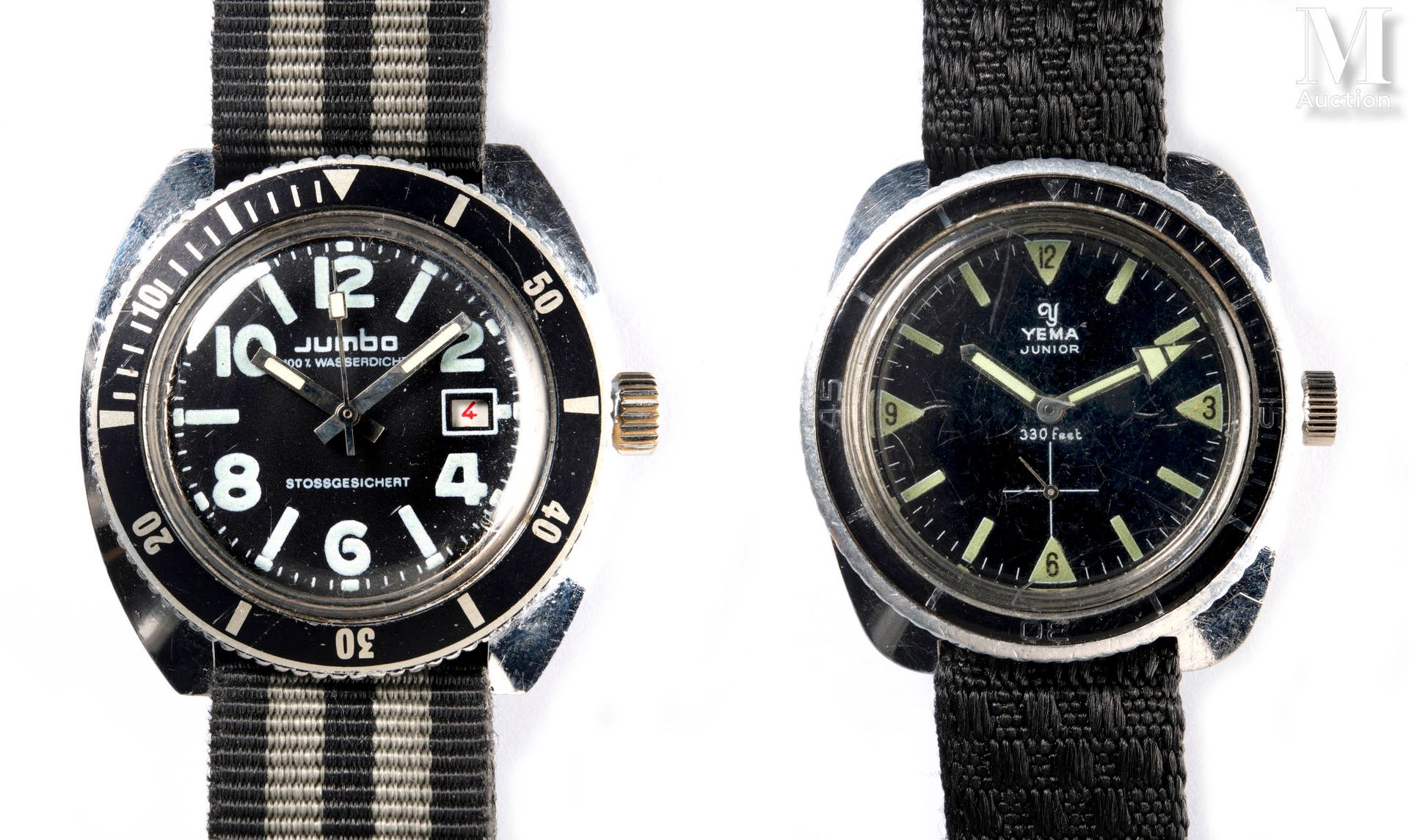 Lot de deux montres de plongées Yema Junior，约1970年，镀铬表壳，手动上链机械机芯，直径：37毫米，可正常使用
J&hellip;