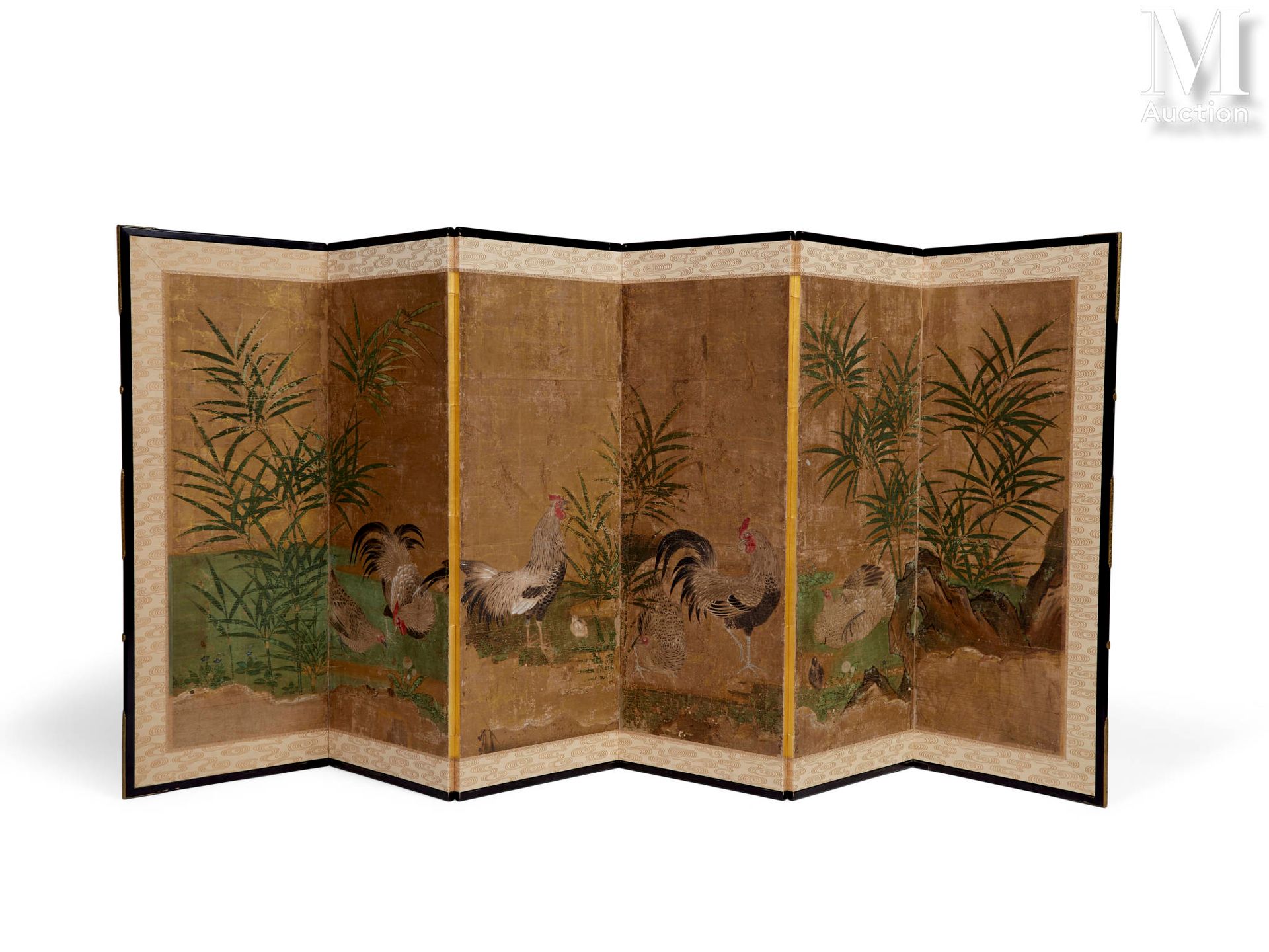 JAPON, XVIIIe siècle ou antérieur 六叶折叠式屏幕

装饰着母鸡和公鸡以及它们的小鸡，用纸上的多色画。
高度：117厘米
宽度（&hellip;