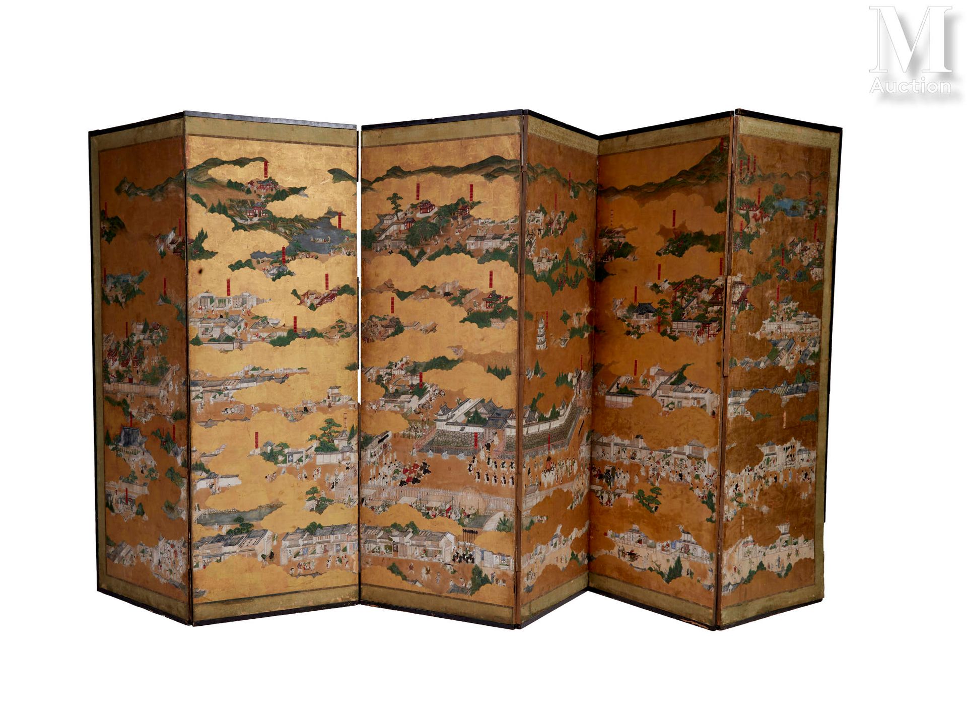JAPON, XVIIIe siècle 六叶折叠式屏幕

纸上彩色和金色墨水，描绘了在金色云彩中生动的京都街景。
高度：174厘米
宽度（叶子）：62厘米
意&hellip;