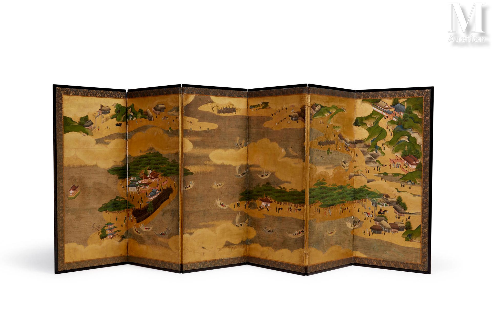 JAPON, Période Momoyama (1573-1715), début du XVIIe siècle 非常罕见的一对六叶折叠屏风

山水画装饰，&hellip;