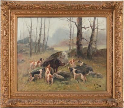 Eugène PETIT Paris 1839-1886 Hallali Huile sur toile d'origine 54 x 65 cm Signé &hellip;