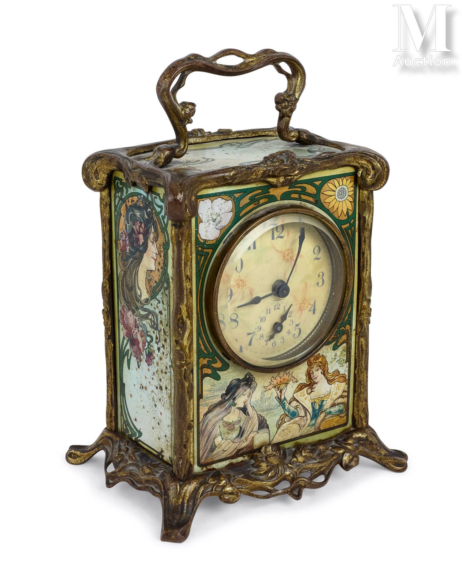 Travail du XXème siècle - Art Nouveau Pendulette en bronze et laiton doré à déco&hellip;