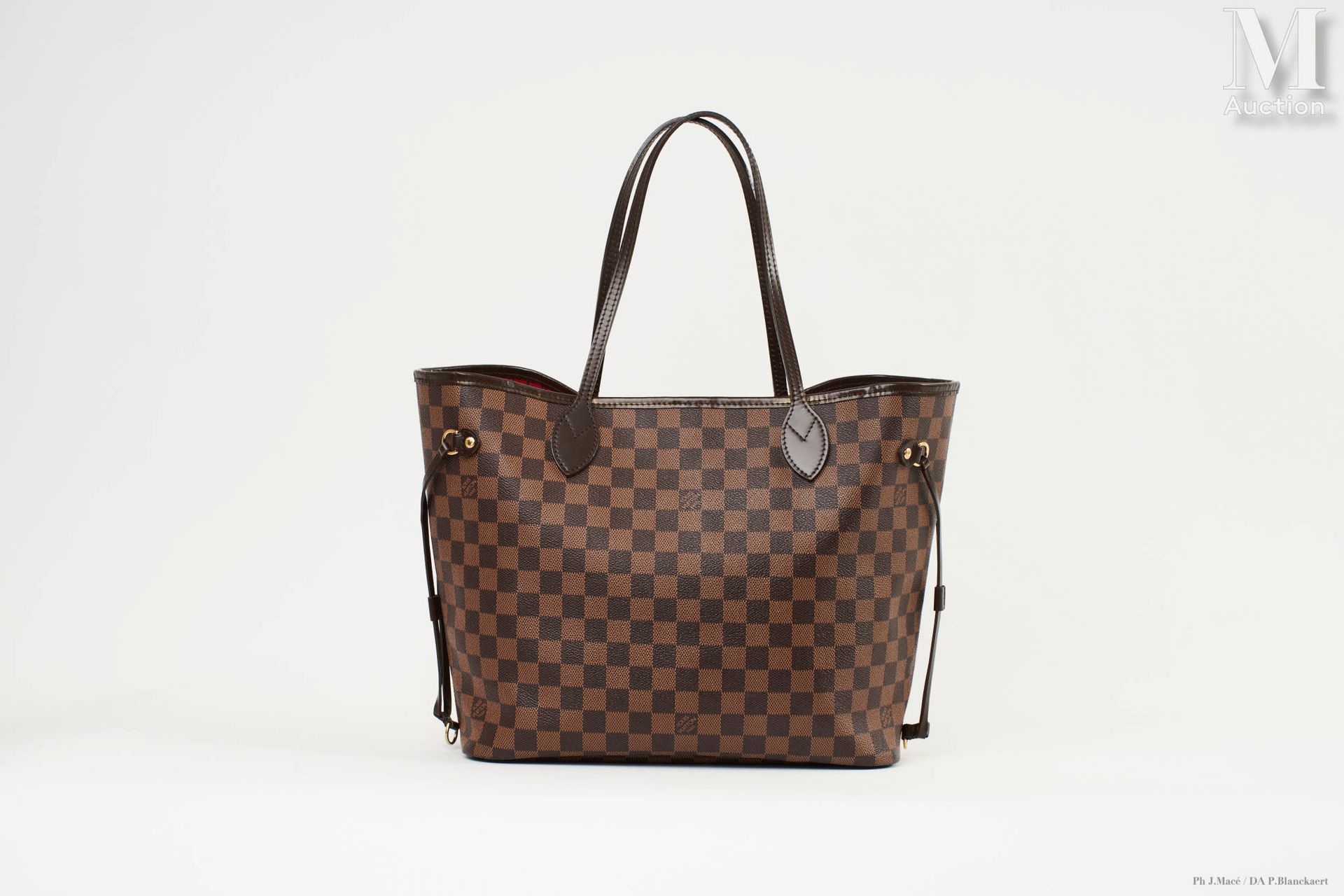 LOUIS VUITTON NEVERFULL" BAG 
checkerboard canvas and chocolate leather, gilded &hellip;