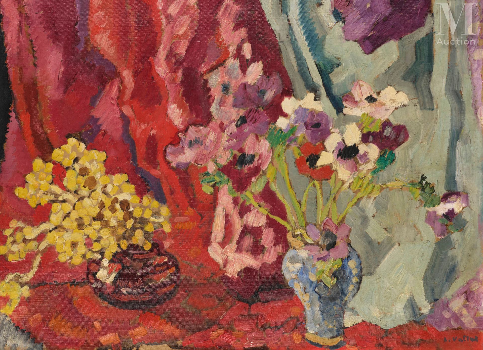 Louis VALTAT (Dieppe 1869 - Paris 1952) Vase d’anémones et bouquet jaune, 1940

&hellip;