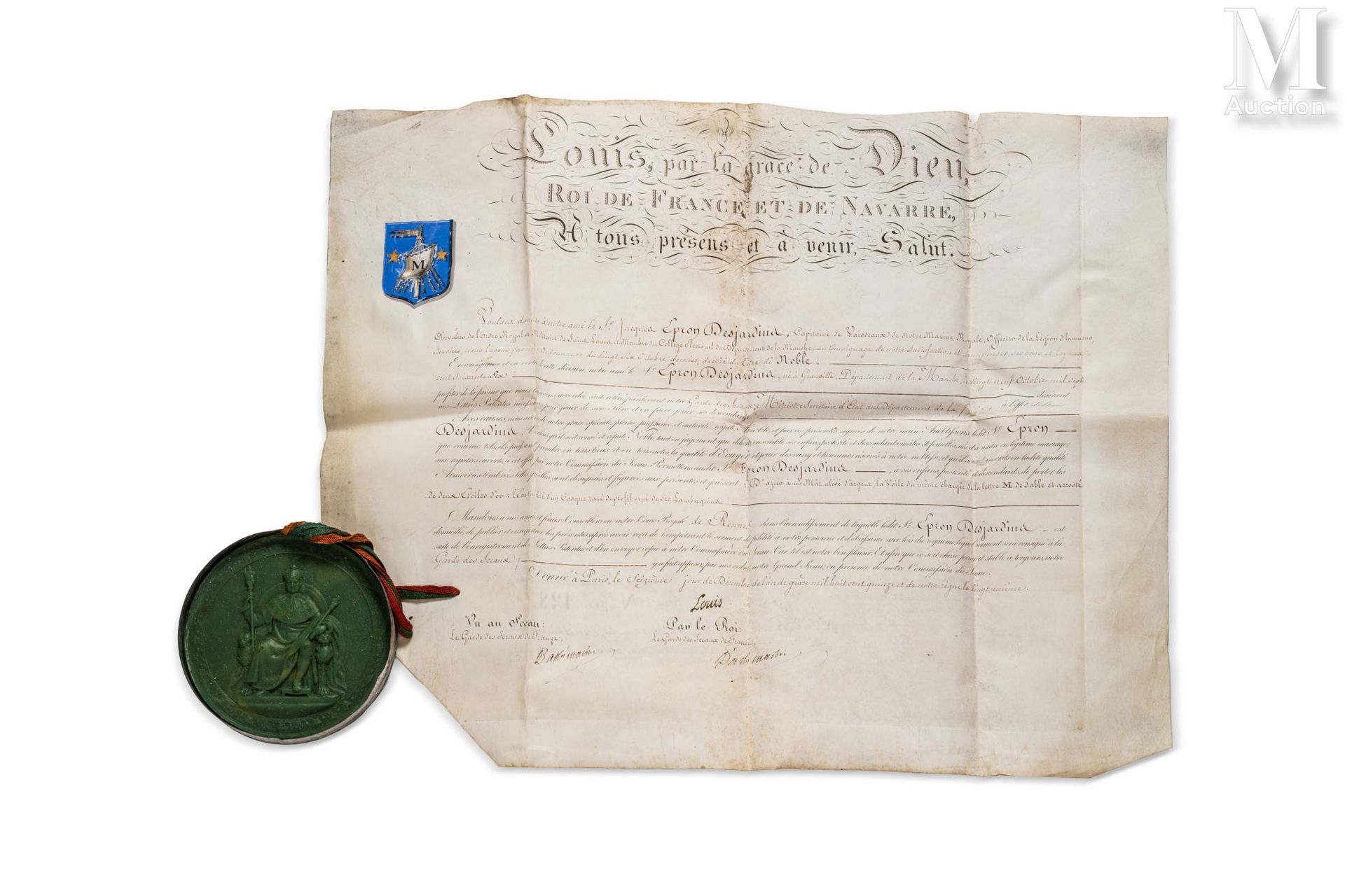 LOUIS XVIII (1755-1824) Lettres patentes d’anoblissement par le roi Louis XVIII &hellip;