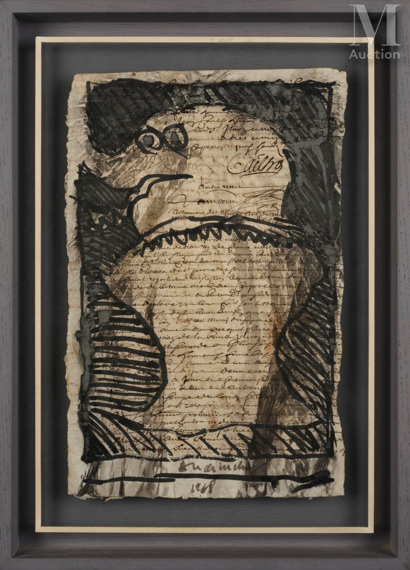 Pierre ALECHINSKY (né en 1927) 果戈理的鼻子，1968 年

旧纸（18 世纪字体）上的水墨画，右下方有签名和年代
31.5 x &hellip;