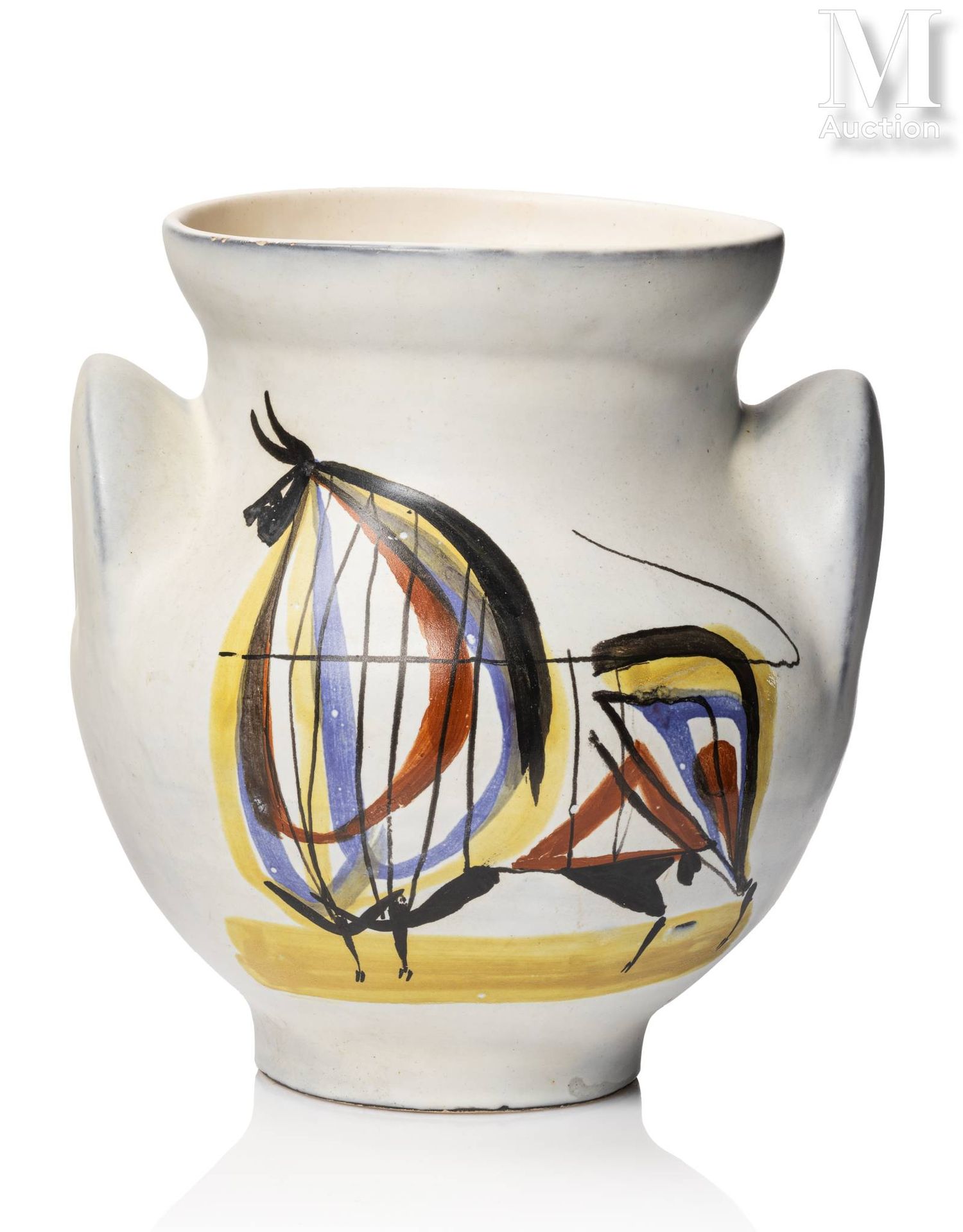 Roger CAPRON (1922 - 2006) Vase "à oreilles" en faïence blanche à décor émaillé &hellip;