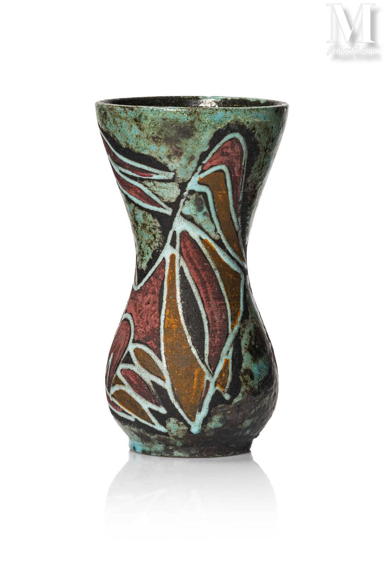 ACCOLAY (Act. 1945 - 1992) Vase en céramique émaillée ocre, ocre-rouge et bleu-v&hellip;