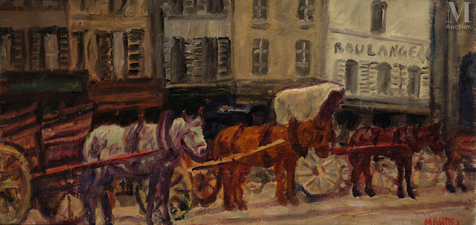 Efraim MANDEL (Pologne 1884 – 1943) L'attelage

Huile sur toile 
31 x 61 cm
Sign&hellip;