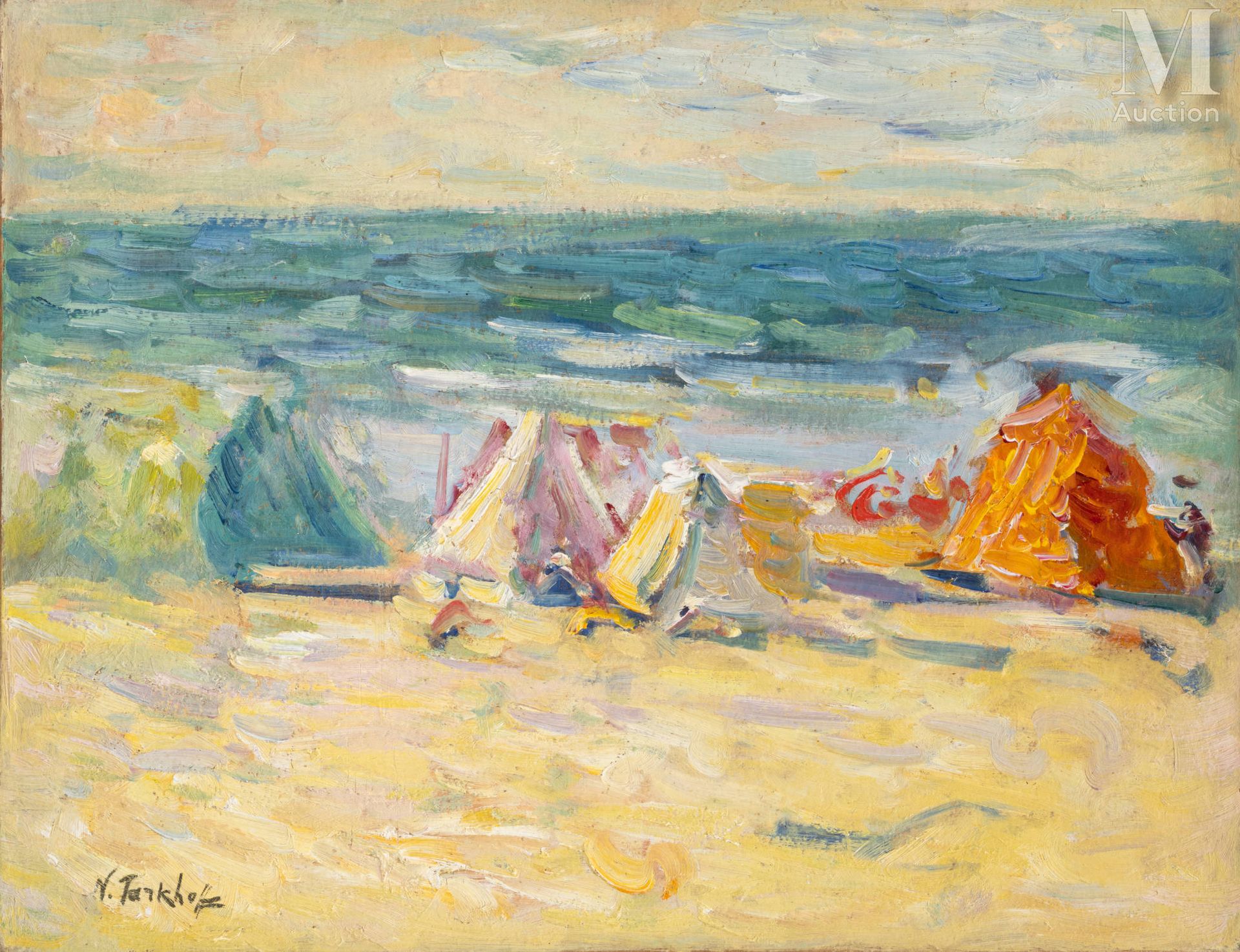 Nicolas TARKHOFF (Moscou 1871 - Orsay 1930) Les tentes sur la plage en Normandie&hellip;