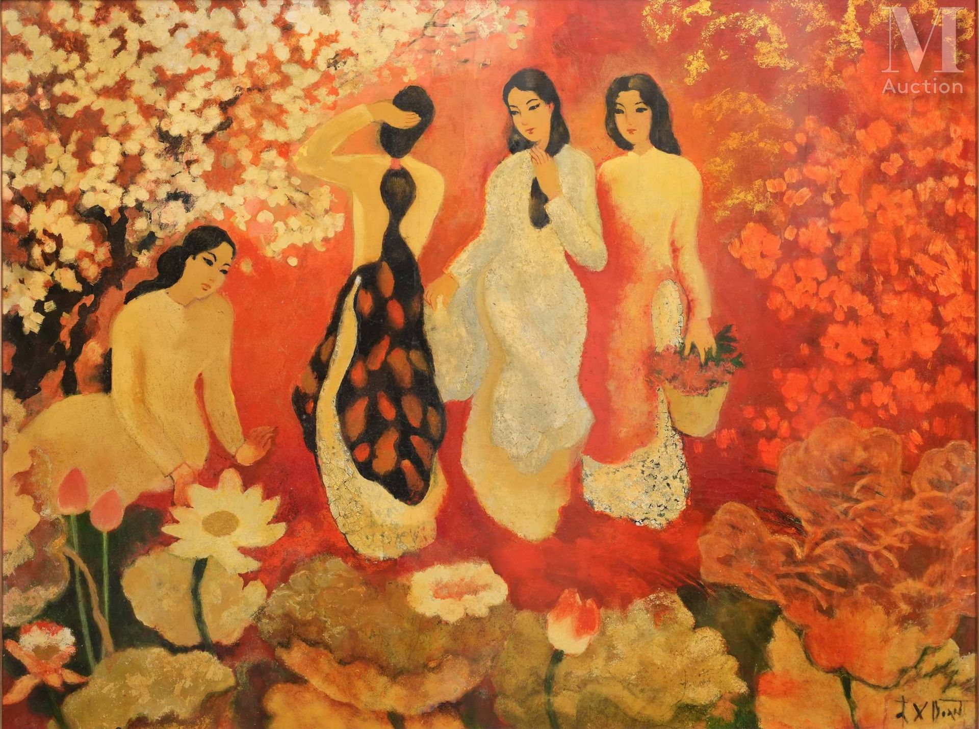 Ⓗ DO XUAN DOAN (1937-2015) "Jeunes filles dans un jardin fleuri"
Panneau en bois&hellip;