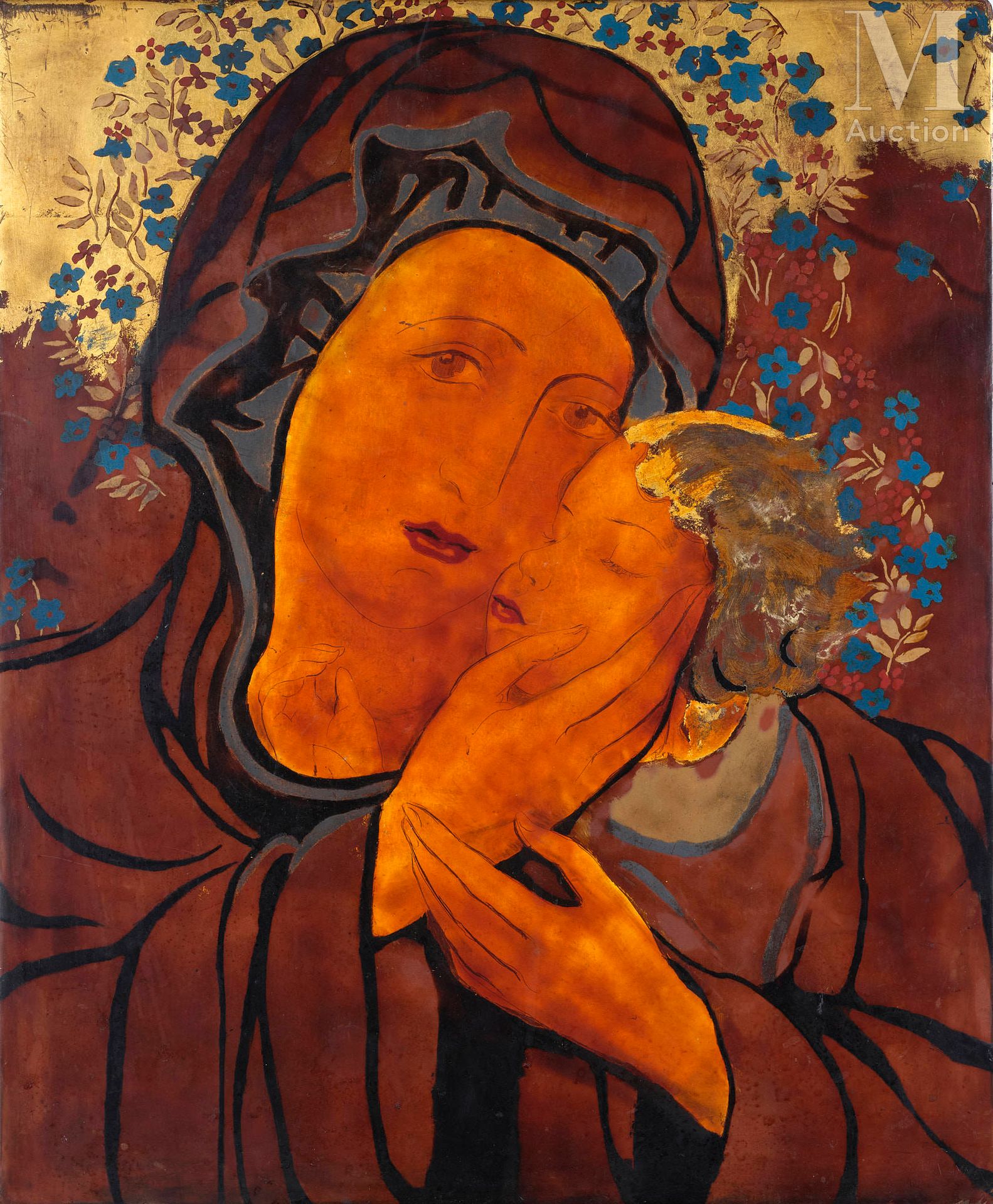 Ⓟ ALIX AYMÉ (1894-1989) "Vierge à l'enfant", vers 1950
Panneau en laque polychro&hellip;