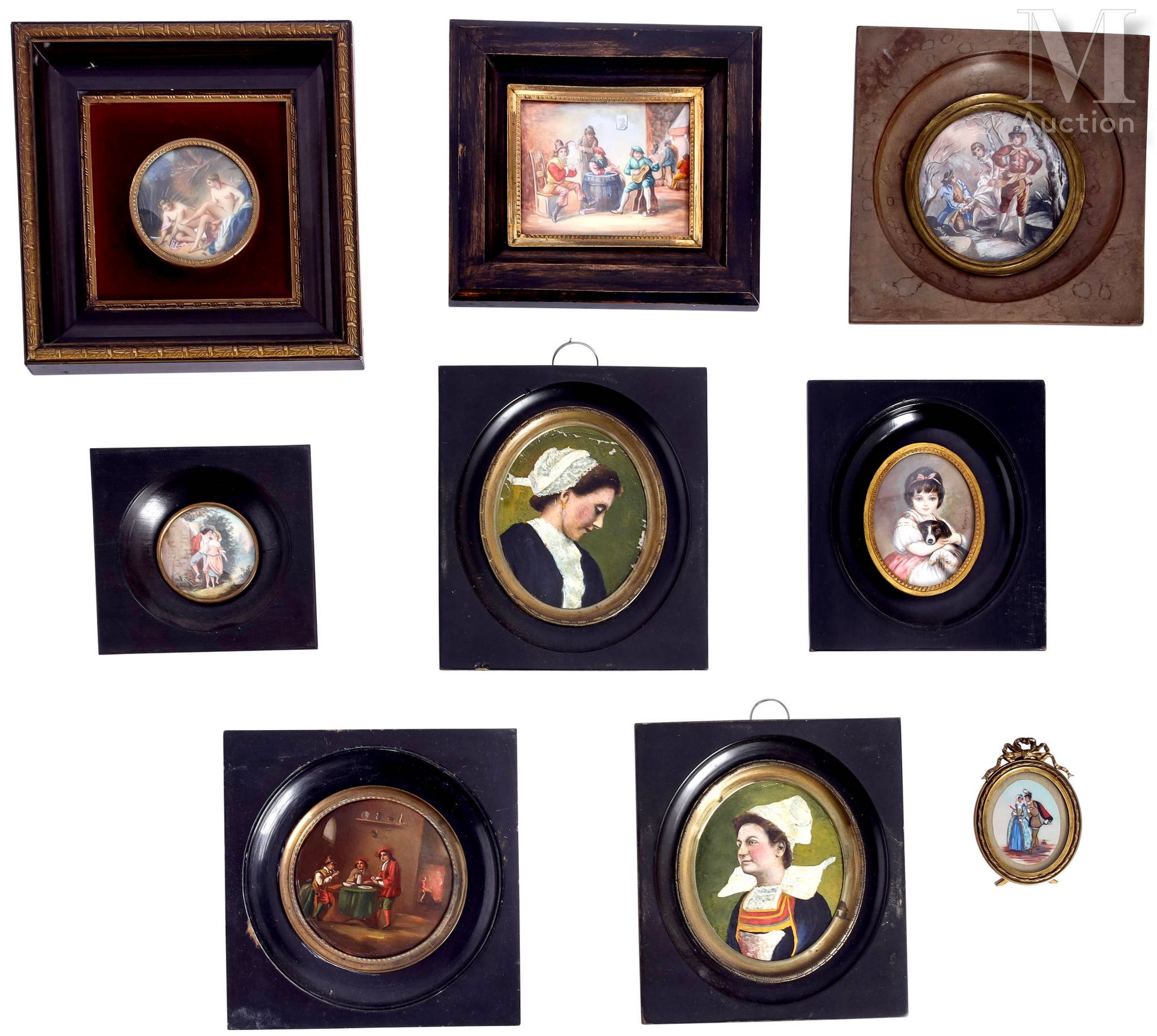 Ecole du XIXème et XXème siècle 9 miniatures
including galant scenes, portraits &hellip;