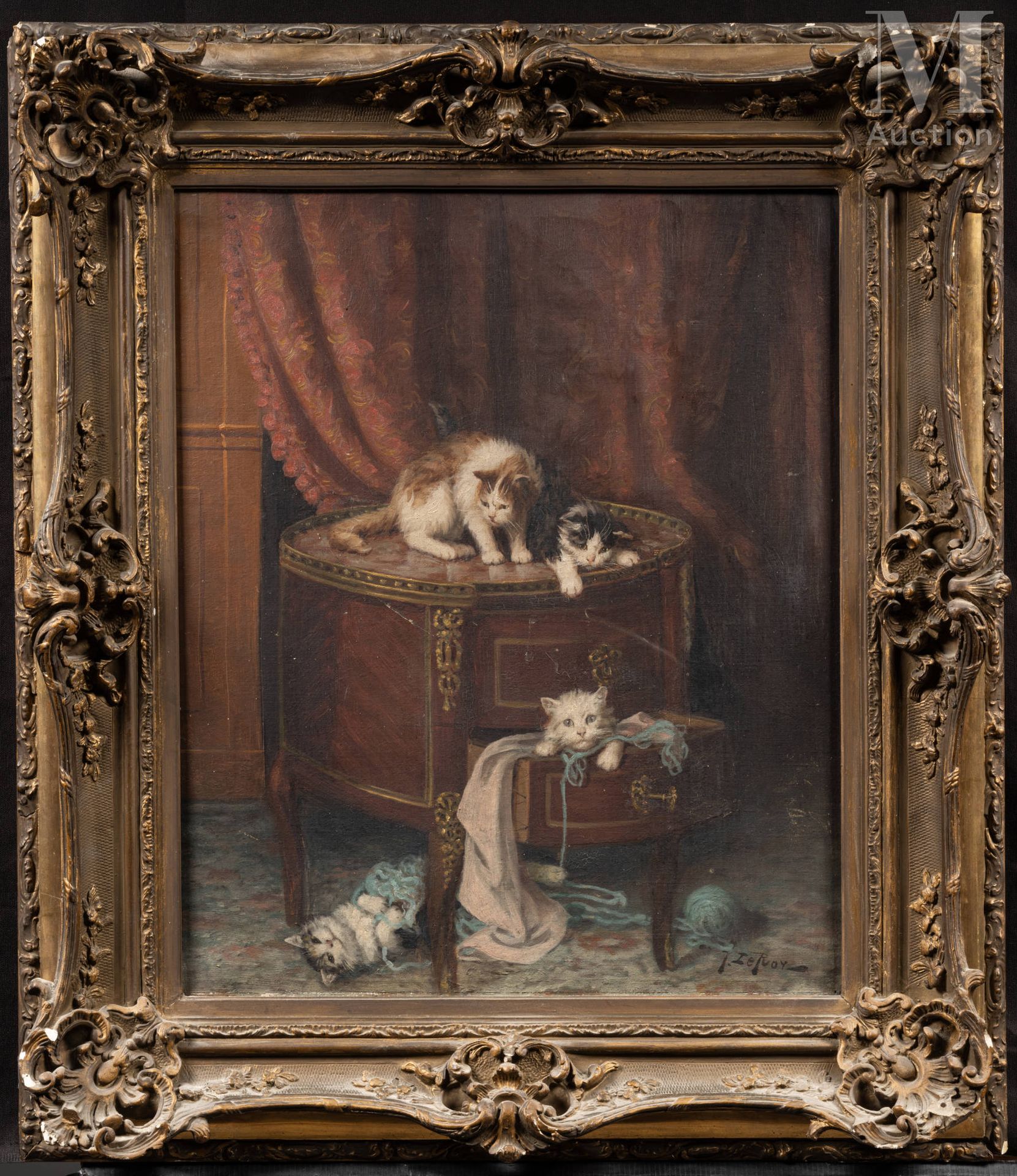 Jules Gustave LE ROY (1856-1921) 猫
布面油画
右下方有签名
55.5 x 47.5 厘米 

(小姐，穿......)