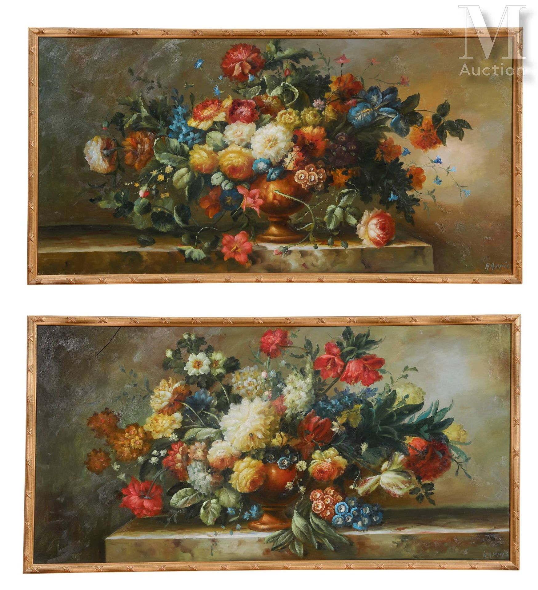 * Ecole FRANCAISE XXème siècle Blumensträuße
Ein Paar Ölgemälde auf Leinwand 
Si&hellip;