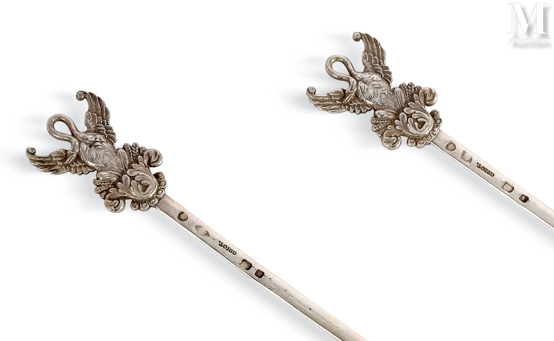 ODIOT Orfèvre à Paris Two silver skewers
in plain silver, decorated with swans a&hellip;