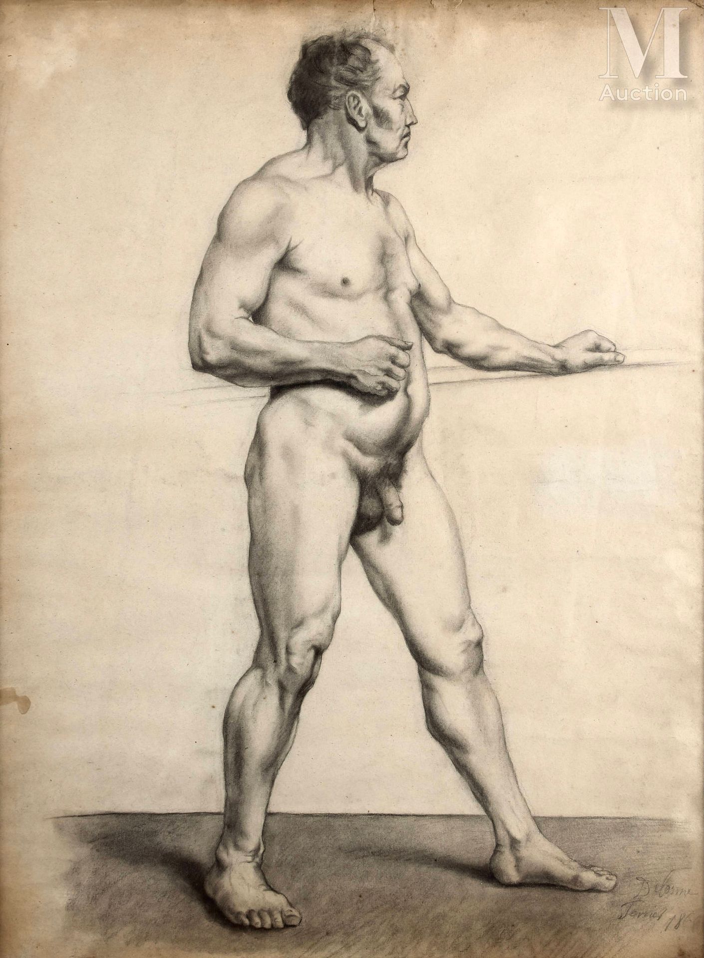 Ecole FRANÇAISE du XIXème siècle 裸体男子的学术研究 
纸上铅笔画 
右下方签名 "Delorme Février 1866"。&hellip;