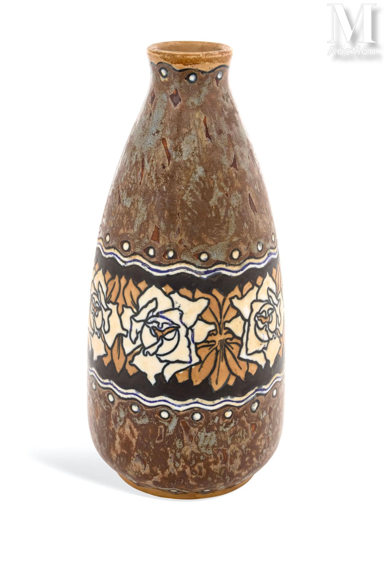 KERAMIS Vase
en grés à décor polychrome de fleurs sur fond brun 
XXème siècle
Ma&hellip;