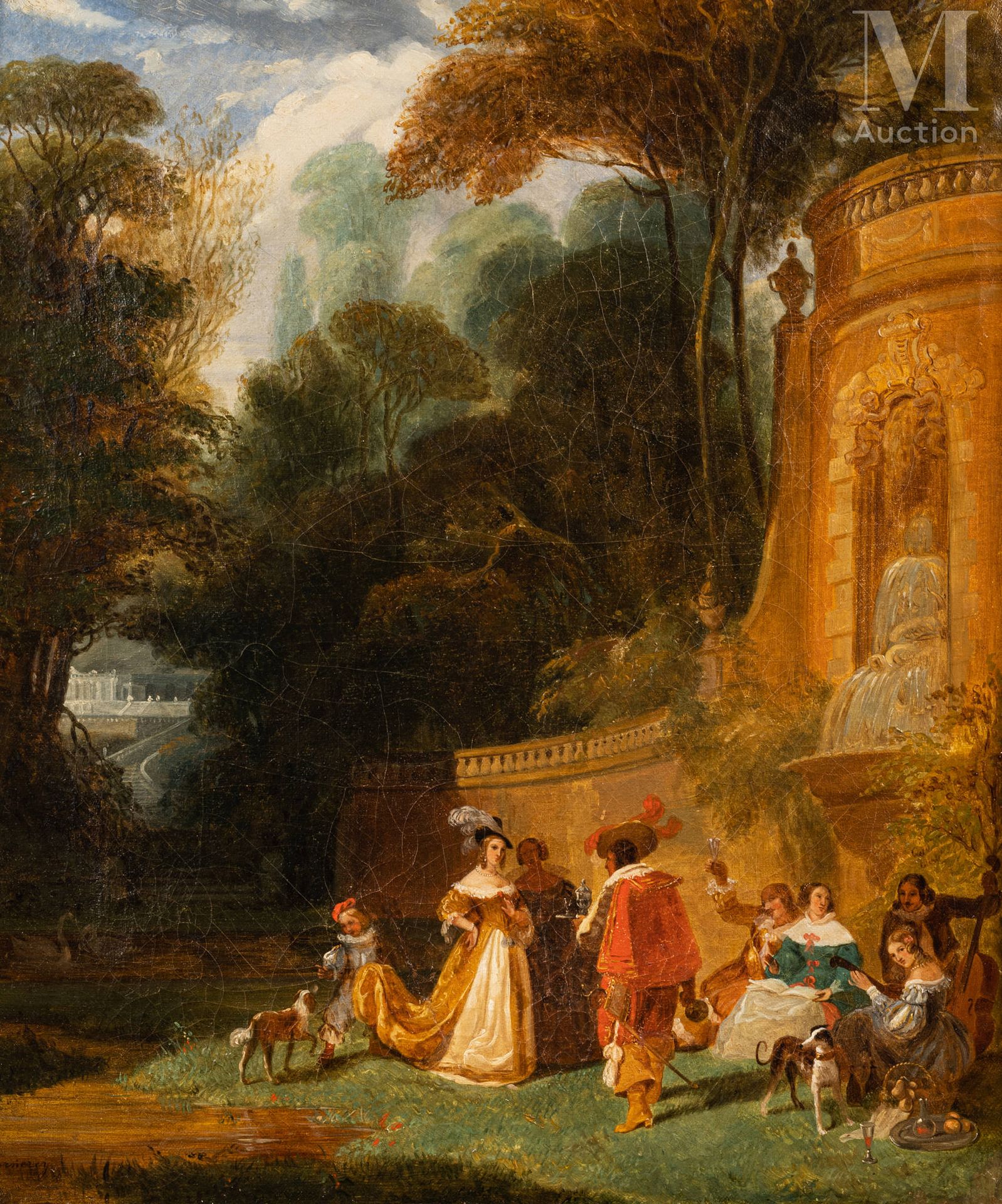 Hippolyte GARNERAY (Paris 1787 - 1858) Scène galante dans un parc près d'une fon&hellip;