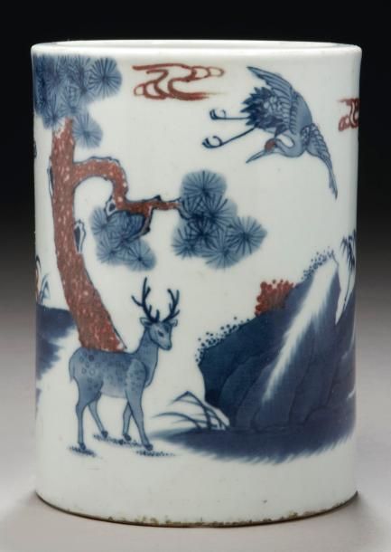 CHINE Epoque KANGXI (1662 - 1722) Porte-pinceaux "bitong" en porcelaine décorée &hellip;