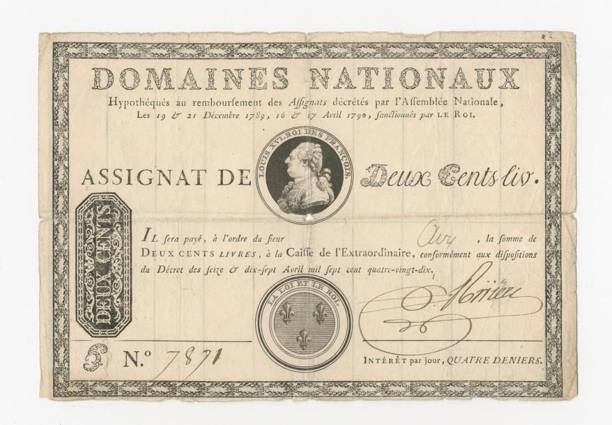 Null ASSIGNAT de 200 livres des 16 et 17 avril 1790 à impression noire, signé

L&hellip;