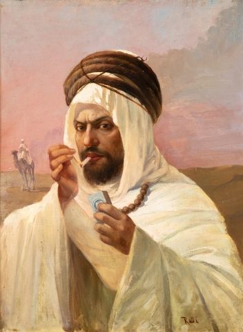 Null Theodore RALLI (1852-1909) 
Portrait d'un Caid algérien 
Huile sur toile d'&hellip;