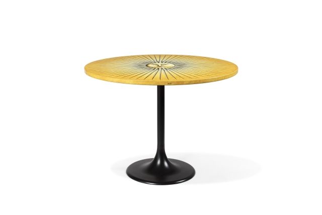 Null Piero FORNASETTI ( 1913 - 1988 ) 
Table modèle "Sole", à plateau circulaire&hellip;