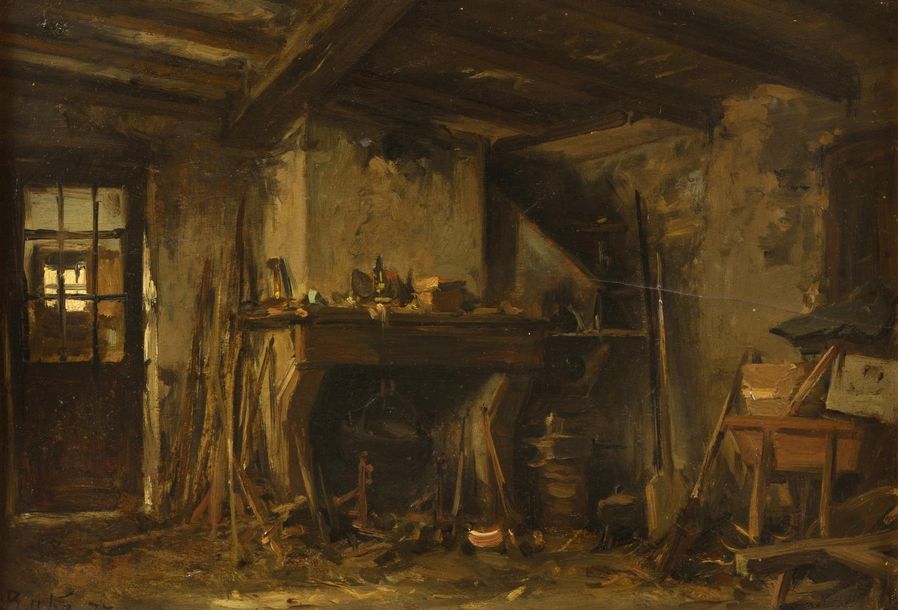 Null Auguste Alfred RUBE 
(Paris 1815 - 1899)
L'intérieur d'une chaumière
Pannea&hellip;