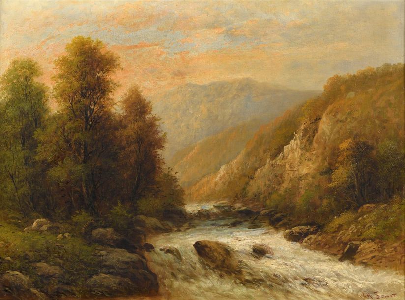 Null Ch. SONNET 
(Actif au XIXème siècle)
Paysage de montagne à la rivière
Sur s&hellip;