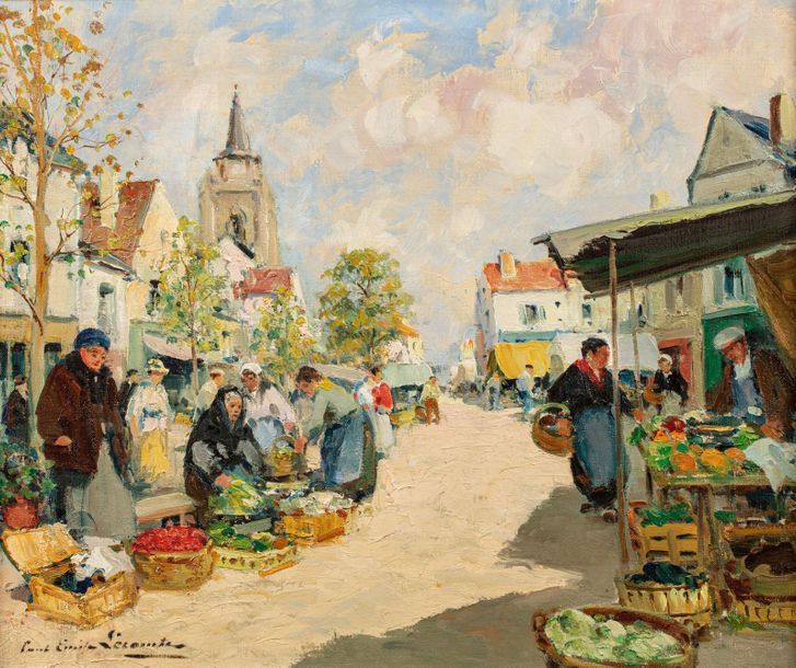Null Paul Emile LECOMTE (Paris 1877 - 1950) 
Le marché 
Huile sur toile d'origin&hellip;