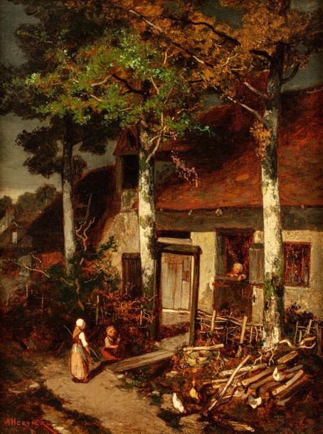 Null Adolphe HERVIER (Paris 1819 - 1879) 
Ferme 
Huile sur toile 
49 x 36,5 cm 
&hellip;