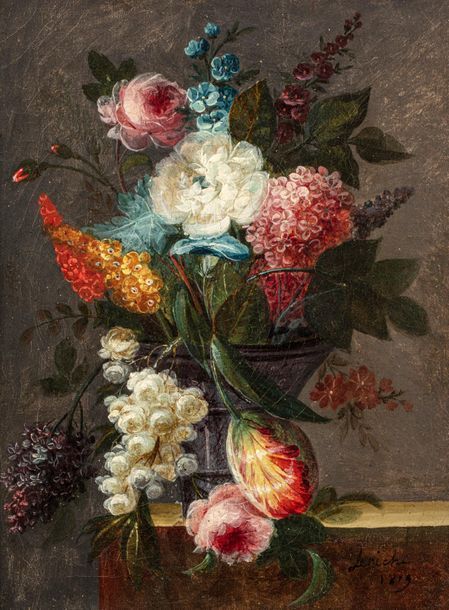 Null LERICHE (Actif au XIX ème siècle ) 
Fleurs 
Huile sur toile d'origine 
32,5&hellip;