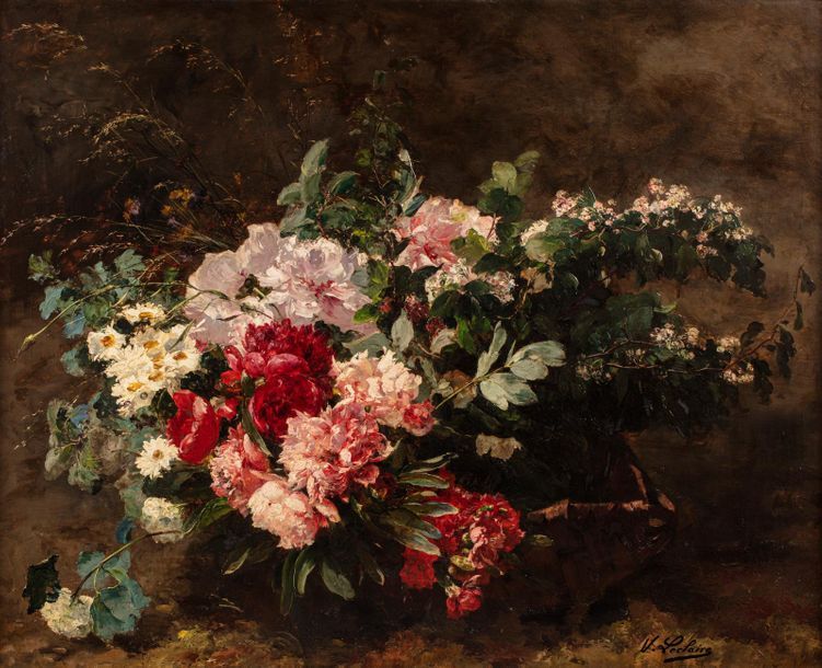 Null Victor LECLAIRE (1830 - 1885) 
Bouquet de pivoines et de graminées 
Huile s&hellip;
