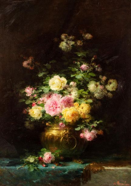 Null André PERRACHON (Lyon 1827 - 1909) 
Bouquet de fleurs 
Huile sur toile 
110&hellip;