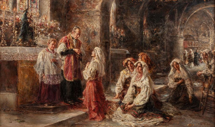 Null Pablo SALINAS (Madrid 1871 - Rome 1946) 
La communion des femmes 
Huile sur&hellip;