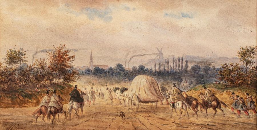 Null Philippe JANZ (1813 - 1885) 
La bataille 
Aquarelle
12 x 22 cm à la vue 
Si&hellip;