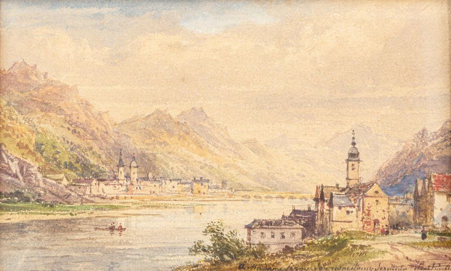 Null Justin OUVRIE (Paris 1806 - Rouen 1879) 
Village au bord de rivière 
Aquare&hellip;