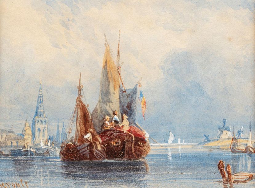 Null Antoine Désiré HEROULT (Paris 1802 - 1853) 
L'embarcation 
Aquarelle et reh&hellip;