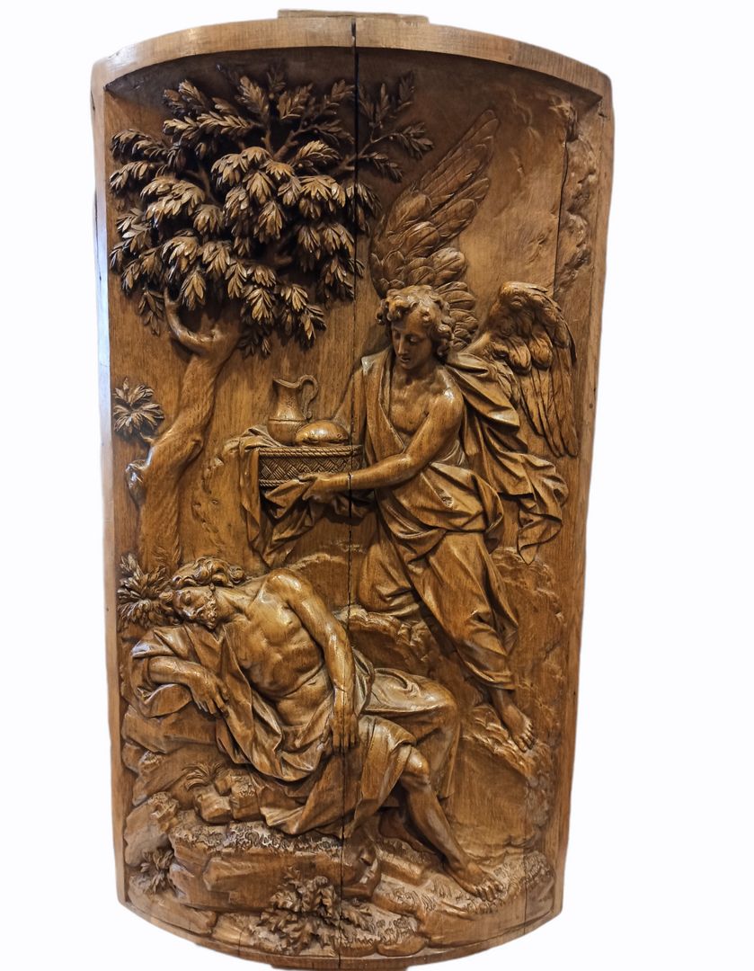 Null Large convex oak panel carved in high relief depicting Elijah being fed by &hellip;