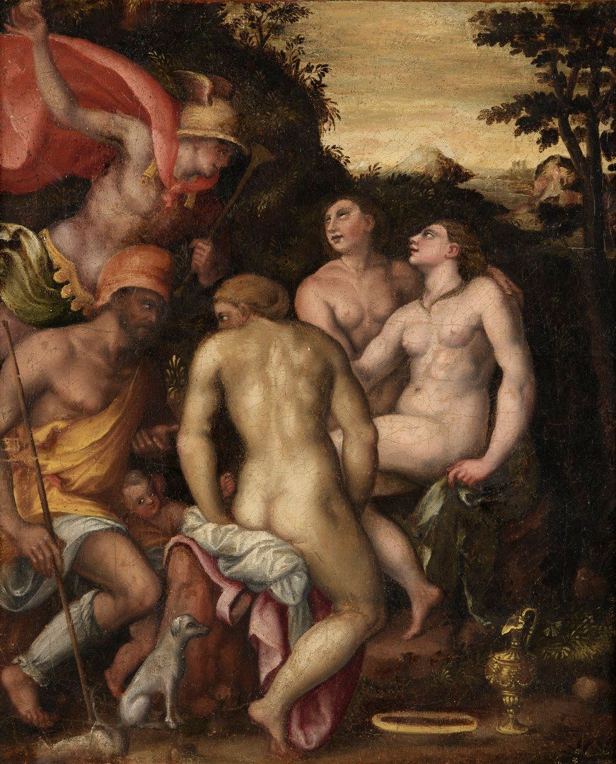Null 意大利学校 16世纪末



巴黎的审判》（The Judgement of Paris

背景是右手拿着赫尔墨斯的苹果。



布面油画（对比；修复&hellip;