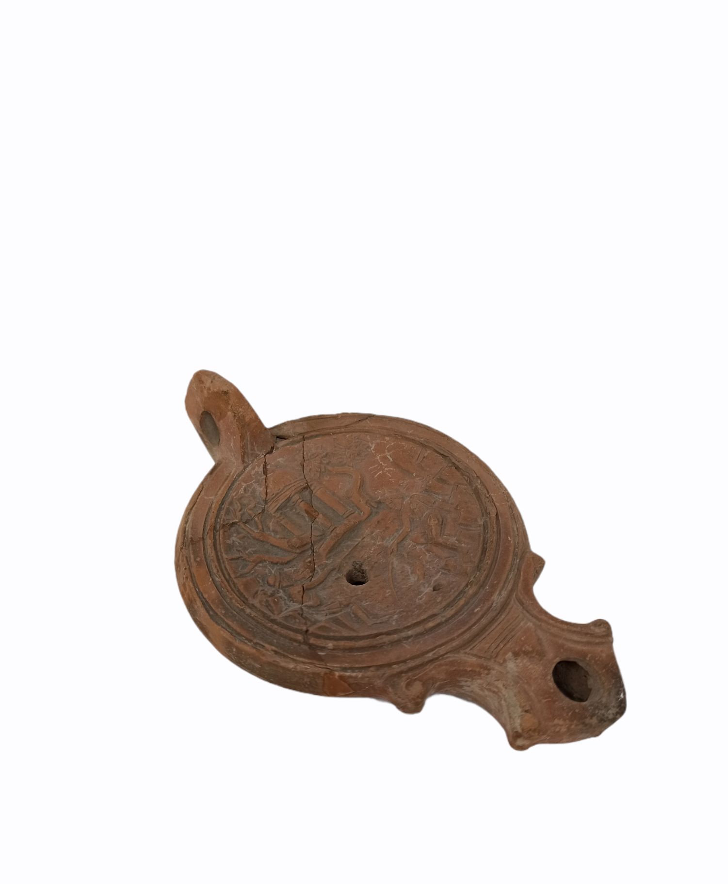 Null Oil lamp with square scroll spout. The medallion shows a rare scene of fish&hellip;