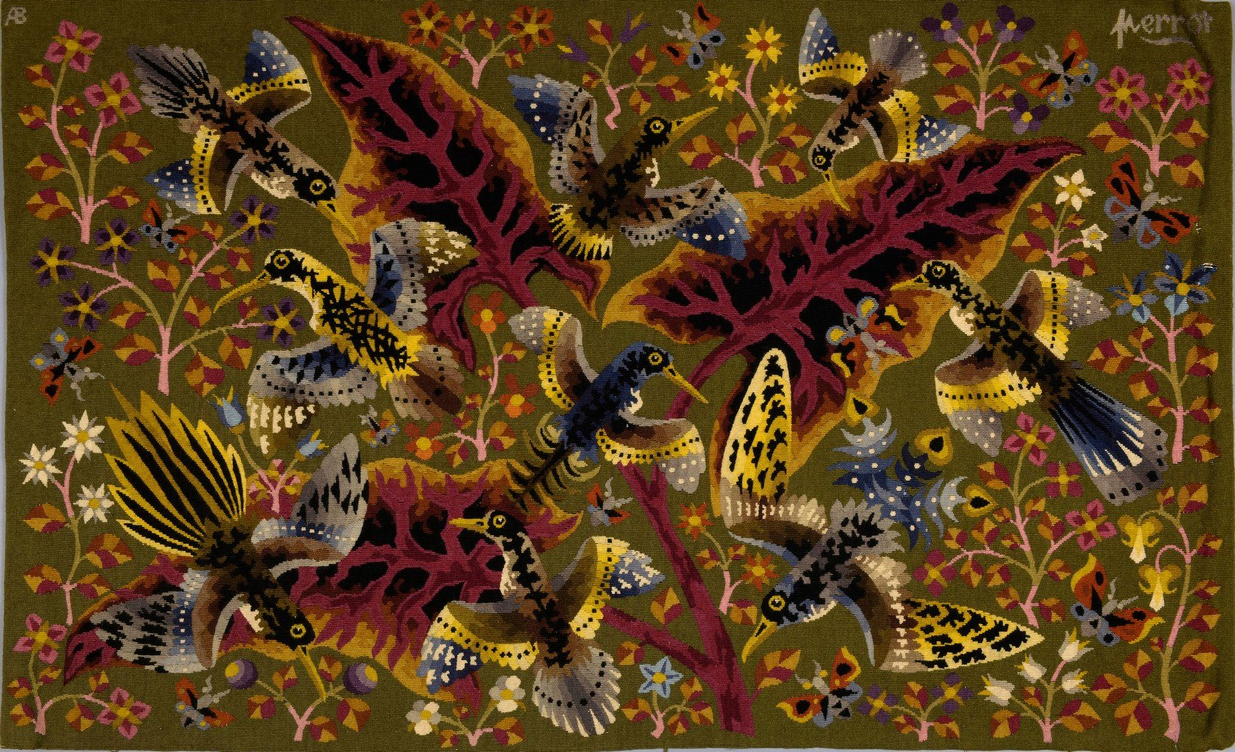 Null PERROT和Atelier Bascoulergue，奥布松。

羊毛挂毯，以橄榄绿背景的树木和花朵中的鸟类为特色。

有签名和编号的1/8。博尔达&hellip;