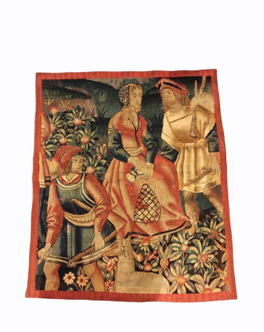 Null Fragment of tapestry in the taste of the 16th century depicting a court lad&hellip;