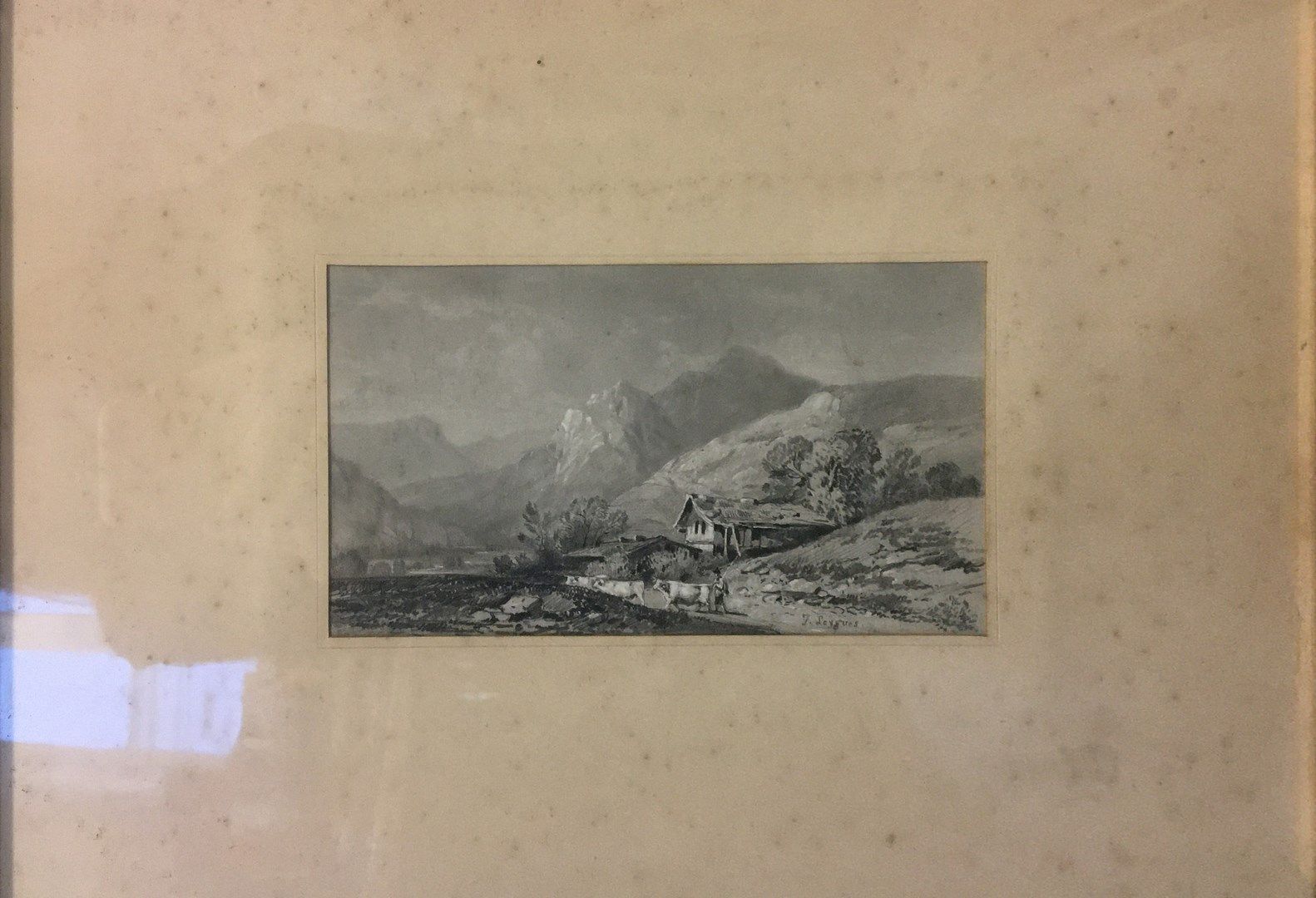 Null 莱格斯（Leygues）J（十九至三十）。

阿尔卑斯山的风景。

铅笔和粉笔，右下方有签名。

9,8x17厘米
