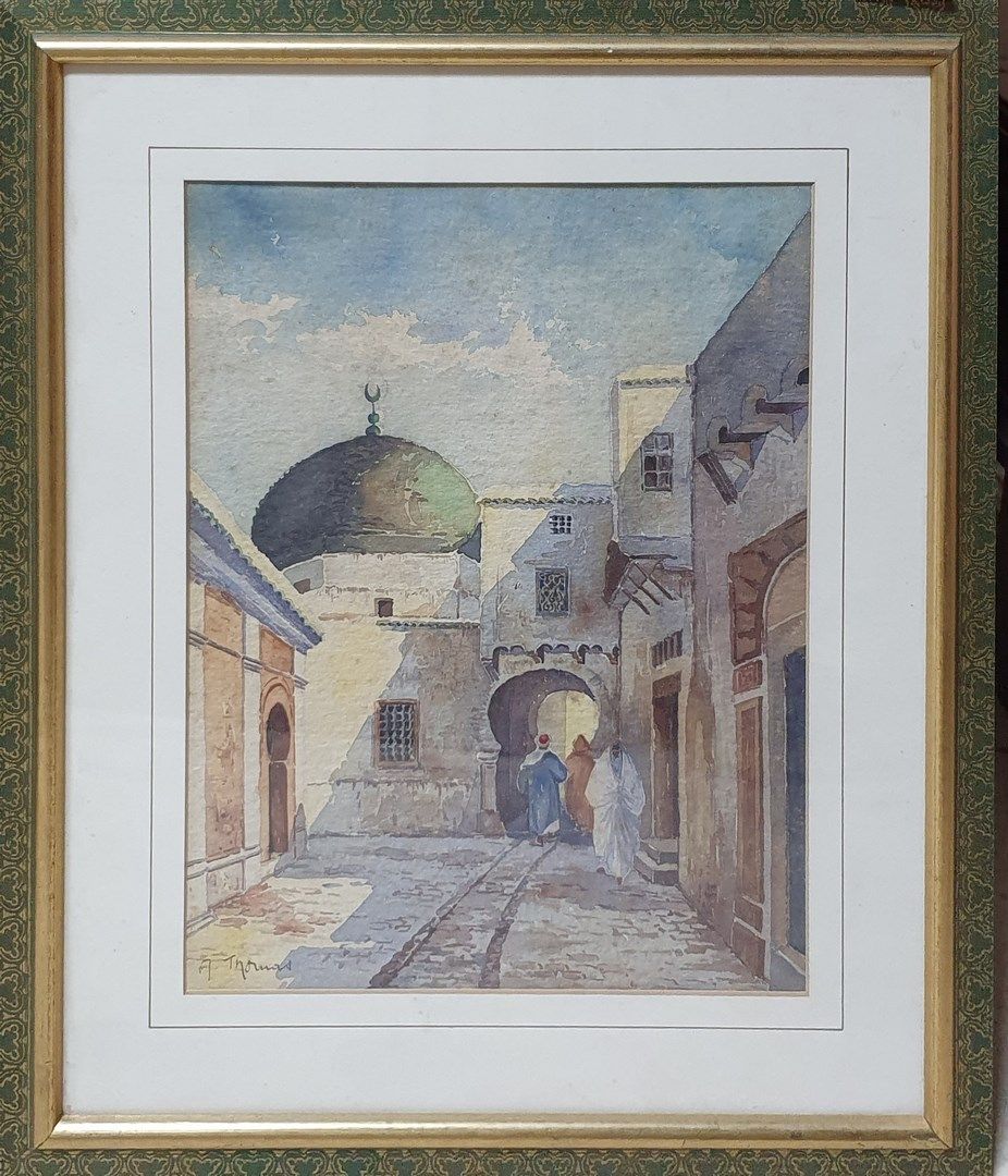 Null THOMAS A, XXe siècle,

Rue à Tunis,

aquarelle sur papier (rousseurs),

 si&hellip;