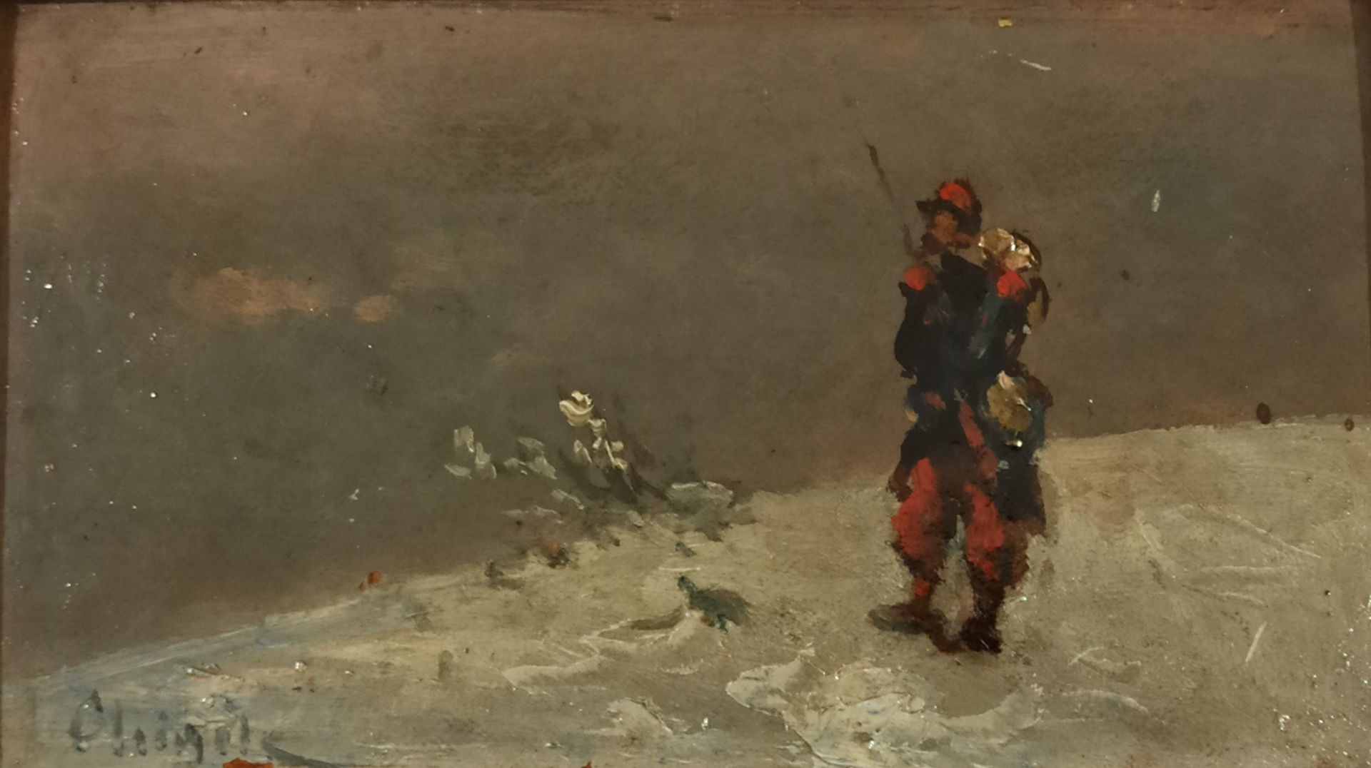 Null Chigot Alphonse, 1824-1917, 随行人员。

雪景中的士兵。

纸板上的油彩（小幅缺失），左下角有一个天启式的铭文。

11x&hellip;