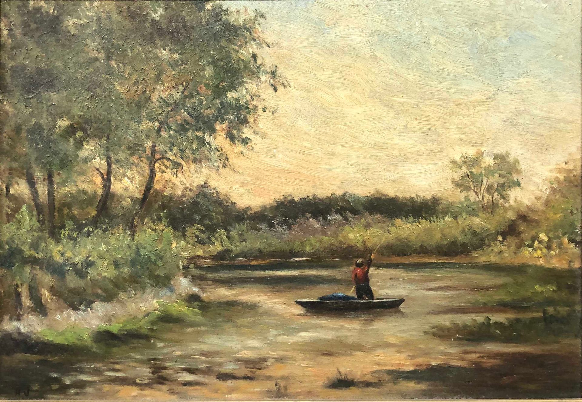 Null 现代学校。

渔夫在河上的小船上，板上油画。

左下角有一个字母缩写：HV。

26x37厘米。