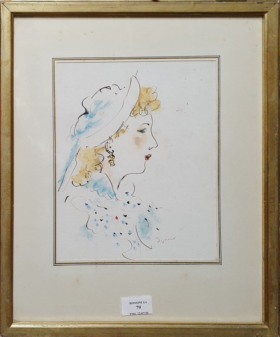 Null 安德烈-迪尼蒙，1891-1965。

金发女郎的侧面。

纸上钢笔、棕色墨水和水粉画（有轻微晕染），右下方有签名。

25x20厘米。