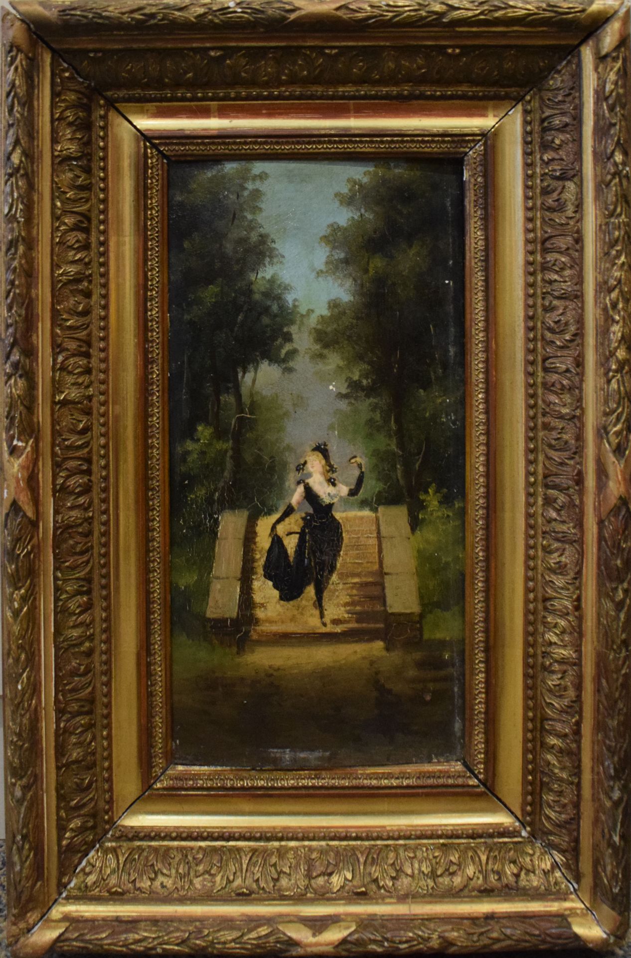 Null XIX. Jahrhundert SCHULE

elegante Frau an der Treppe 

Öl auf Platte unsign&hellip;